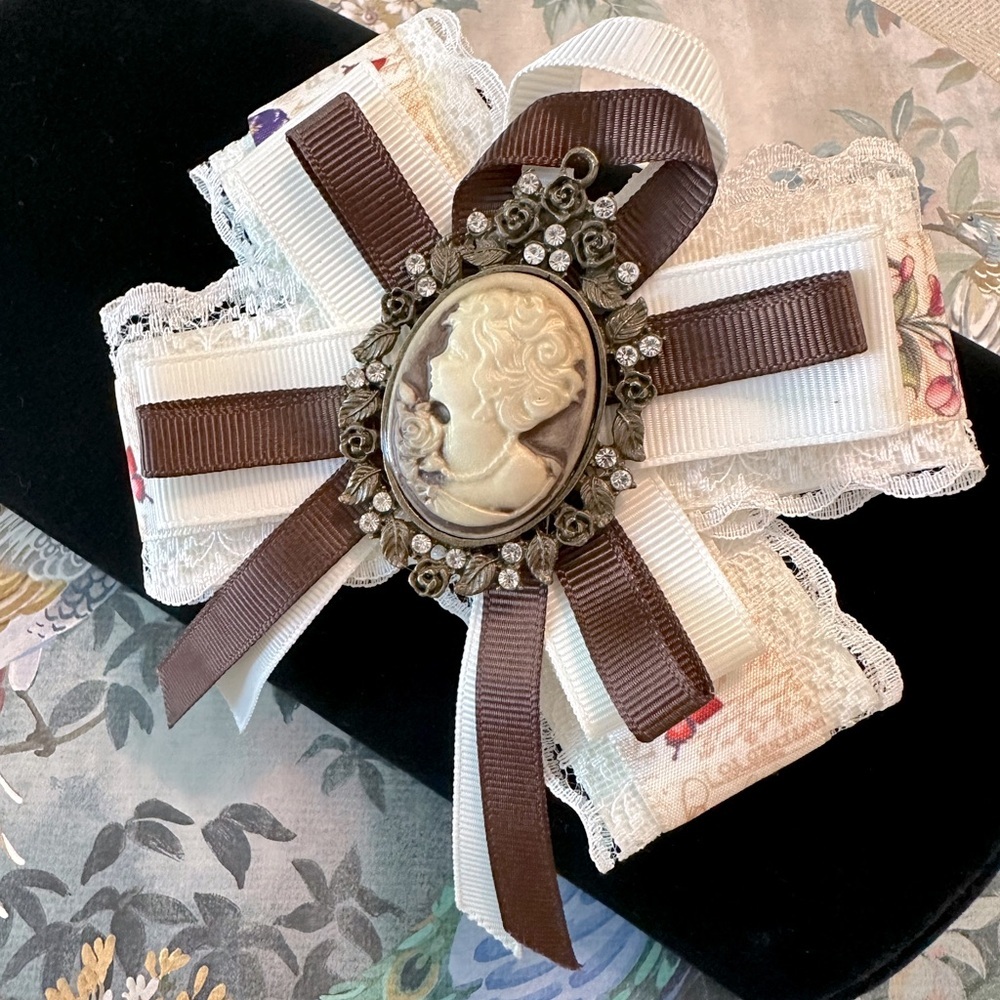 Handmade Cameo Bow Pin/Brooch For Tote Bags, Purse, Sweater Cottagecore Upcycled